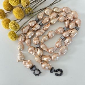 Handmade Natural Metallic Rose Gold Baroque Pearl Black Pave Cz Bars Necklace